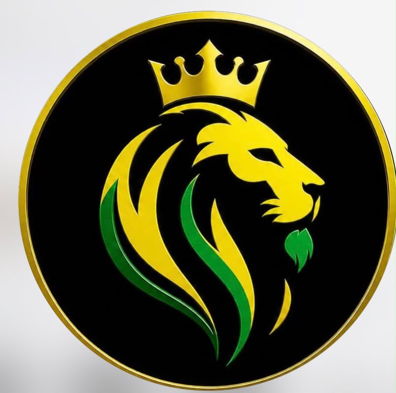 Logo: leão dourado e verde com coroa